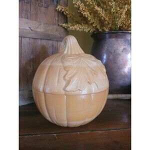 Longaberger Orange Caramel Slag Glass Pumpkin SWIRL LEAF Fall Autumn Jar w/Lid